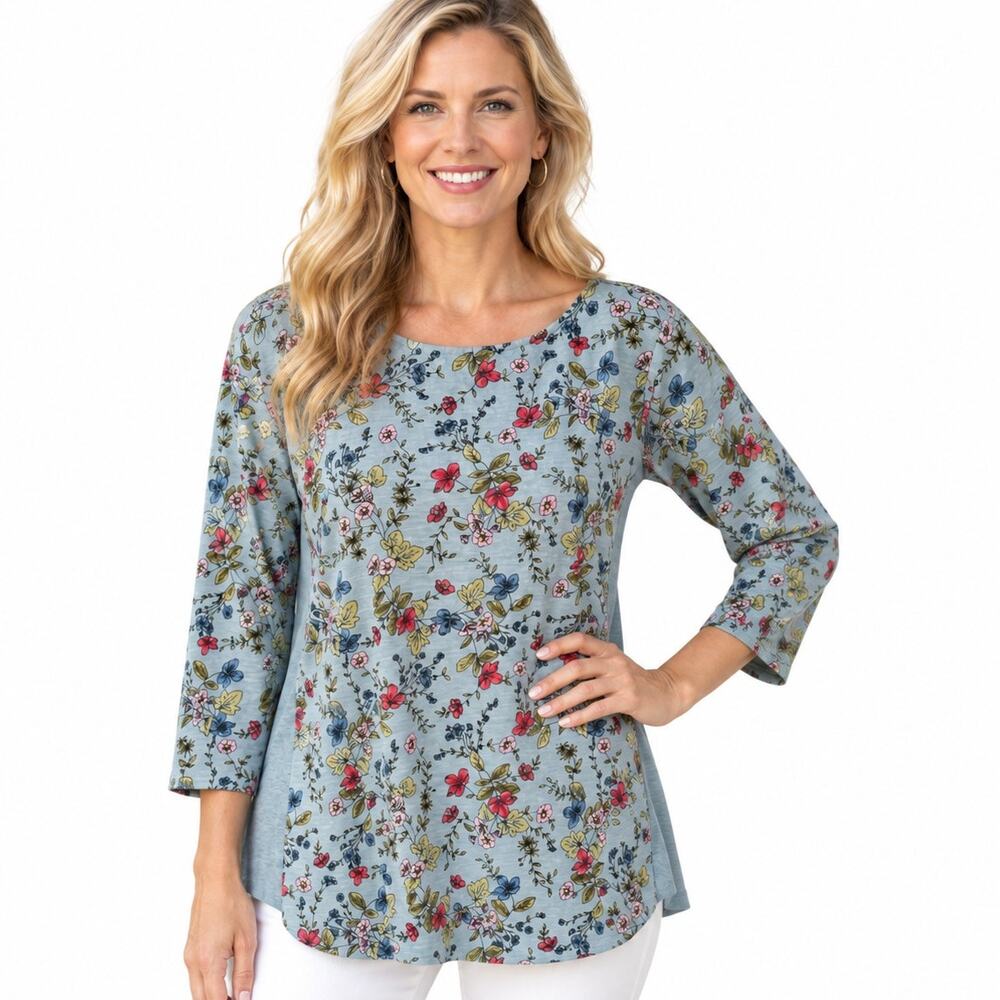 J. Jill Floral Knit Top Womens Large Light Blue Solid Side Panels Cotton Tee